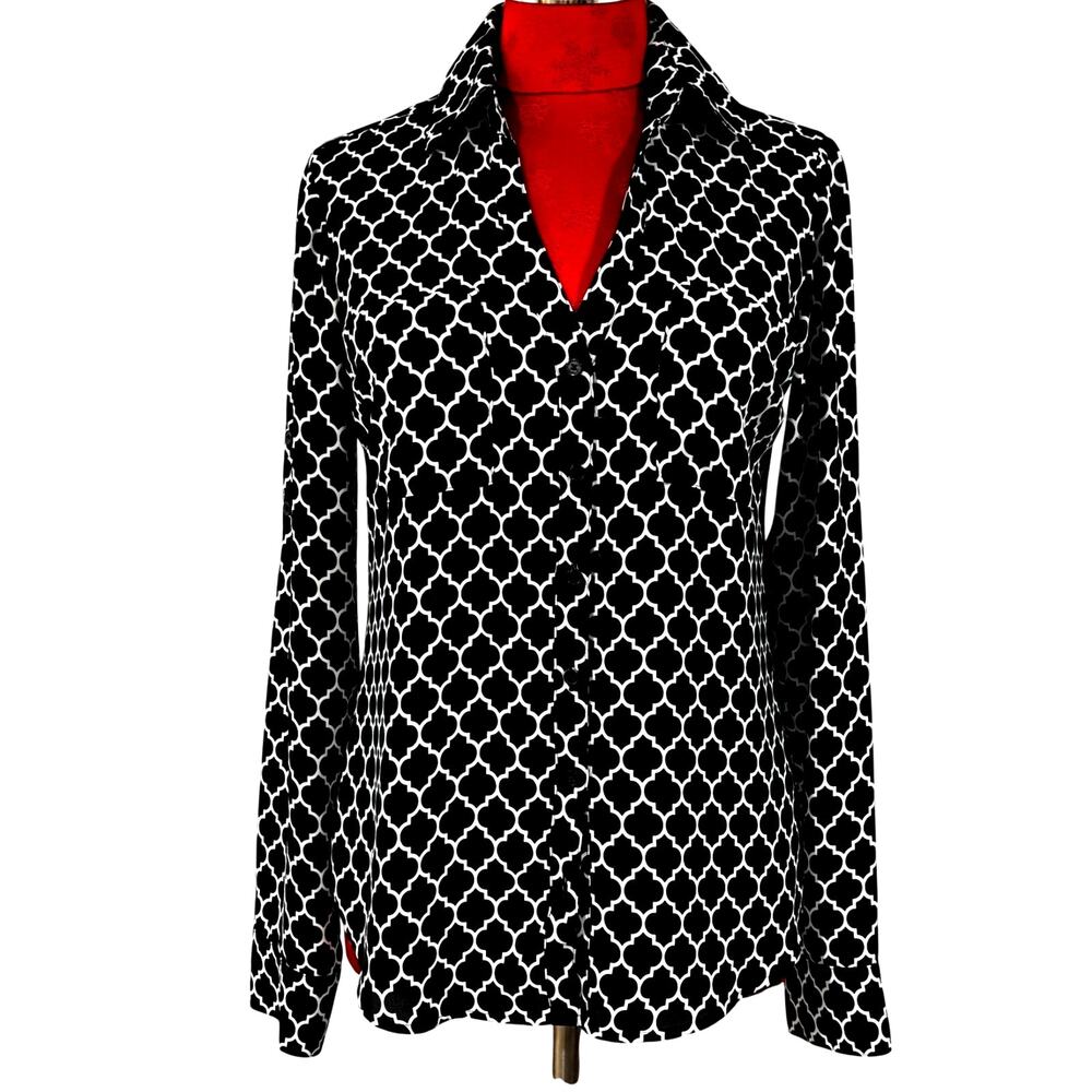 Express size S slim fit blouse black white geometric print silky feel polyester